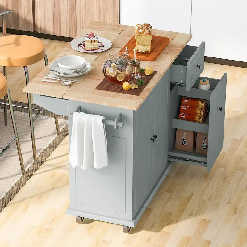 Kitchen Island with Drop Leaf, Rolling Cart on Wheels with Storage Rack and 3-Tier Pull-Out Cabinet Organizer with Spice Rack