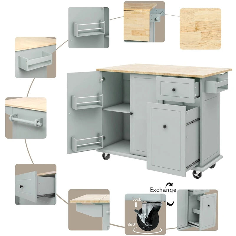 Kitchen Island with Drop Leaf, Rolling Cart on Wheels with Storage Rack and 3-Tier Pull-Out Cabinet Organizer with Spice Rack