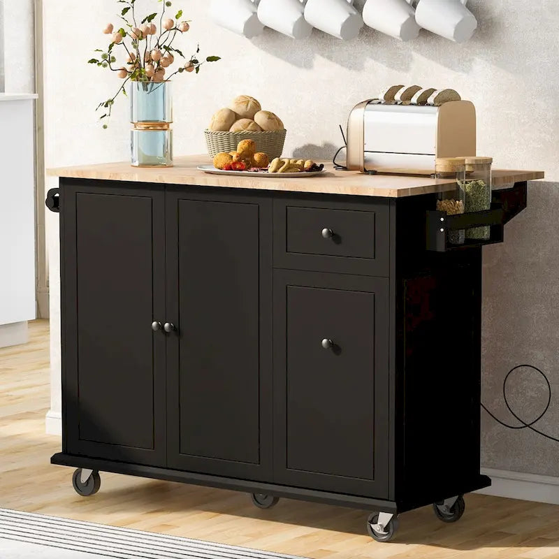 Kitchen Island with Drop Leaf, Rolling Cart on Wheels with Storage Rack and 3-Tier Pull-Out Cabinet Organizer with Spice Rack