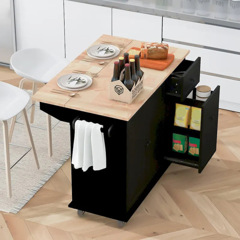 Kitchen Island with Drop Leaf, Rolling Cart on Wheels with Storage Rack and 3-Tier Pull-Out Cabinet Organizer with Spice Rack