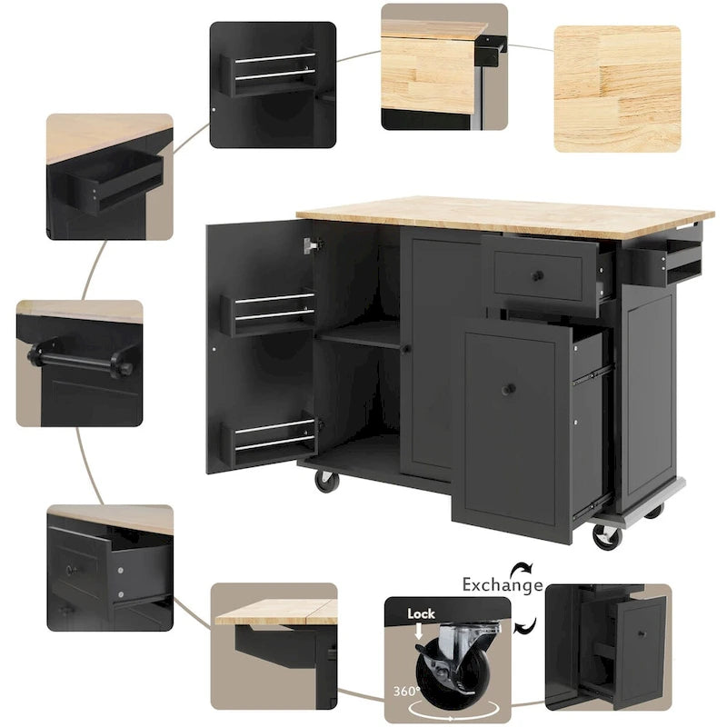 Kitchen Island with Drop Leaf, Rolling Cart on Wheels with Storage Rack and 3-Tier Pull-Out Cabinet Organizer with Spice Rack