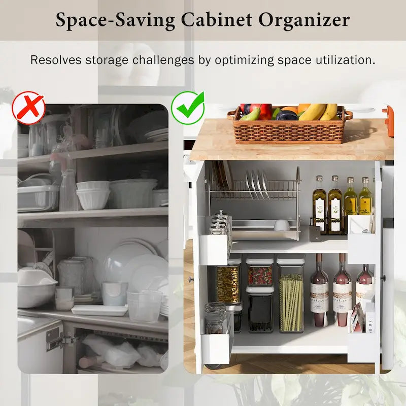 Kitchen Island with Drop Leaf, Rolling Cart on Wheels with Storage Rack and 3-Tier Pull-Out Cabinet Organizer with Spice Rack
