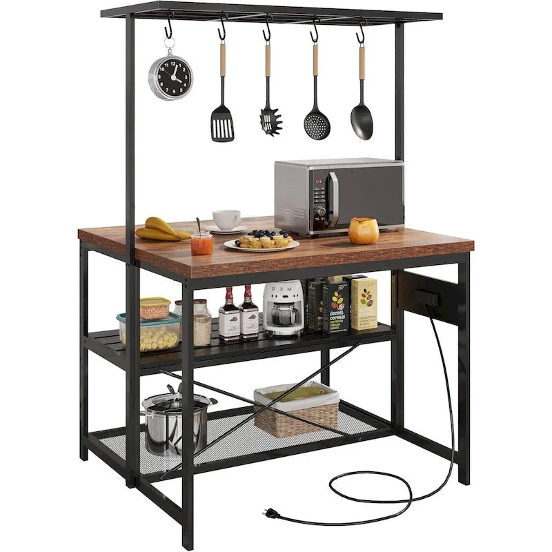 47-Inch 3-Tier Kitchen Island Table with Storage Shelf and Hooks