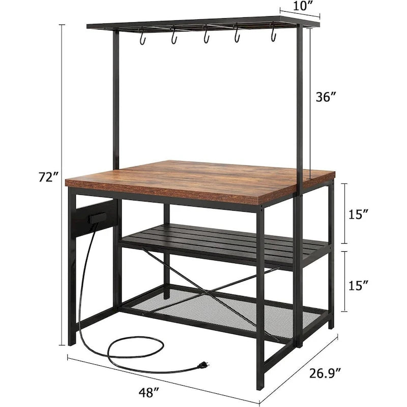 47-Inch 3-Tier Kitchen Island Table with Storage Shelf and Hooks