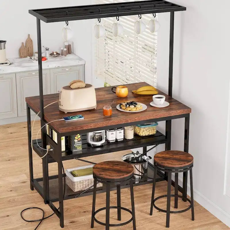 47-Inch 3-Tier Kitchen Island Table with Storage Shelf and Hooks
