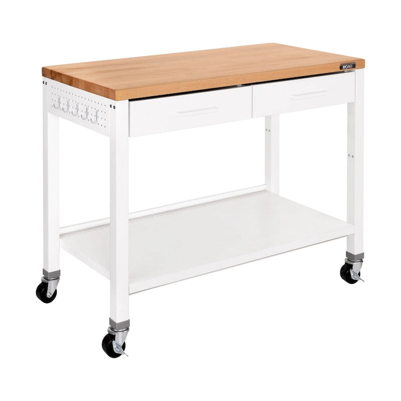 Work Center Island Table with Solid Wood Top, 48 W x 24 D x 36 H, White