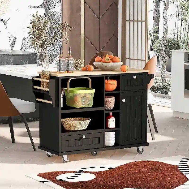 50.8" W Solid Wood Countertop Kitchen Island with Storage and Two Locking Wheels