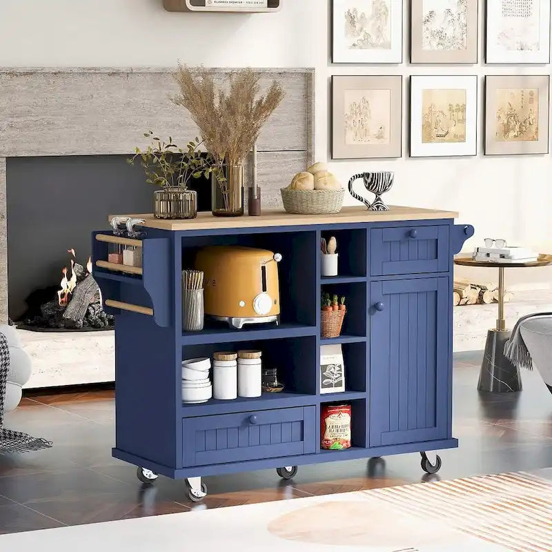 50.8" W Solid Wood Countertop Kitchen Island with Storage and Two Locking Wheels