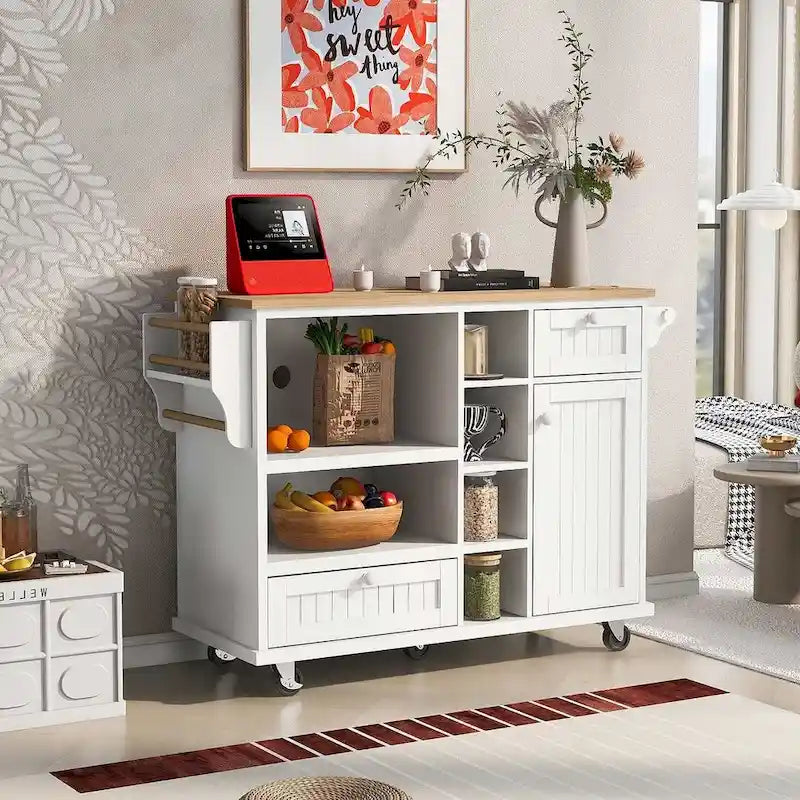50.8" W Solid Wood Countertop Kitchen Island with Storage and Two Locking Wheels