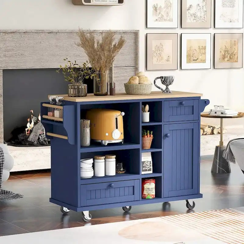 50.8" W Solid Wood Countertop Kitchen Island with Storage and Two Locking Wheels