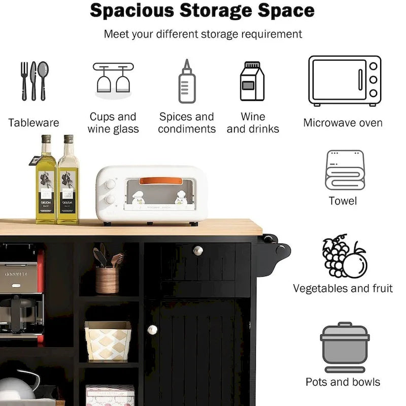50.8" W Solid Wood Countertop Kitchen Island with Storage and Two Locking Wheels
