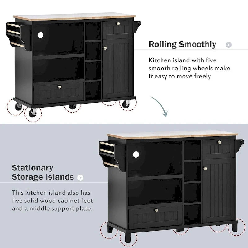 50.8" W Solid Wood Countertop Kitchen Island with Storage and Two Locking Wheels