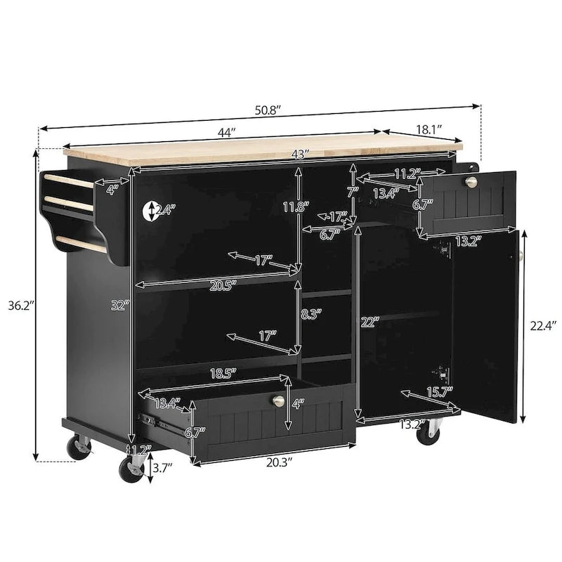 50.8" W Solid Wood Countertop Kitchen Island with Storage and Two Locking Wheels
