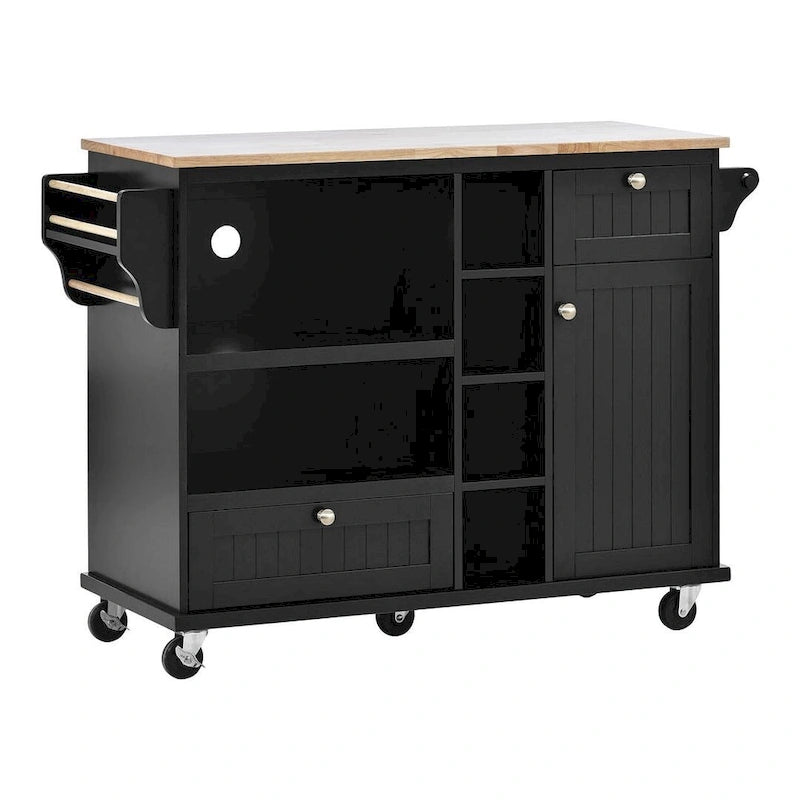 50.8" W Solid Wood Countertop Kitchen Island with Storage and Two Locking Wheels