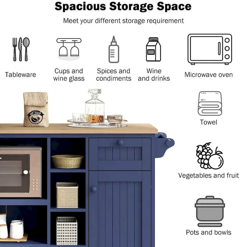 50.8" W Solid Wood Countertop Kitchen Island with Storage and Two Locking Wheels