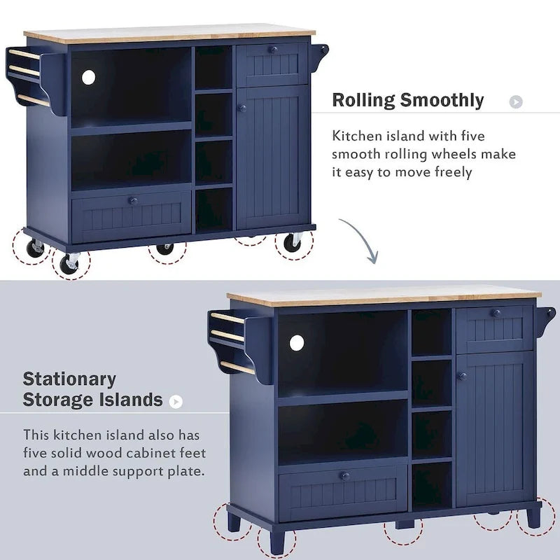 50.8" W Solid Wood Countertop Kitchen Island with Storage and Two Locking Wheels