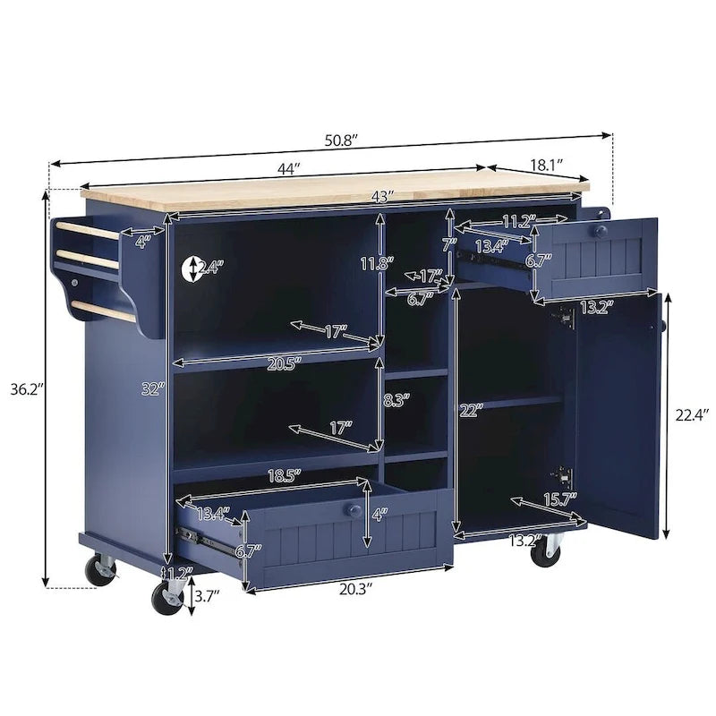 50.8" W Solid Wood Countertop Kitchen Island with Storage and Two Locking Wheels