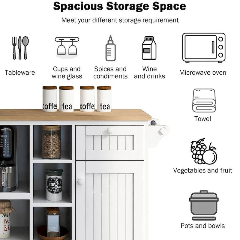 50.8" W Solid Wood Countertop Kitchen Island with Storage and Two Locking Wheels