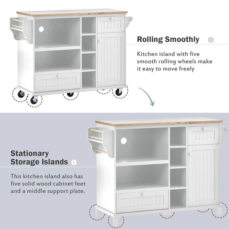 50.8" W Solid Wood Countertop Kitchen Island with Storage and Two Locking Wheels