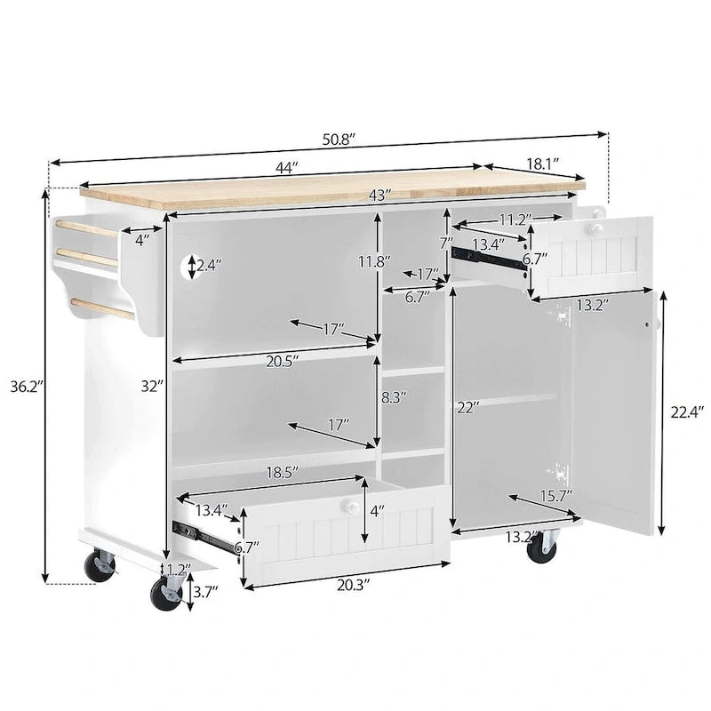 50.8" W Solid Wood Countertop Kitchen Island with Storage and Two Locking Wheels