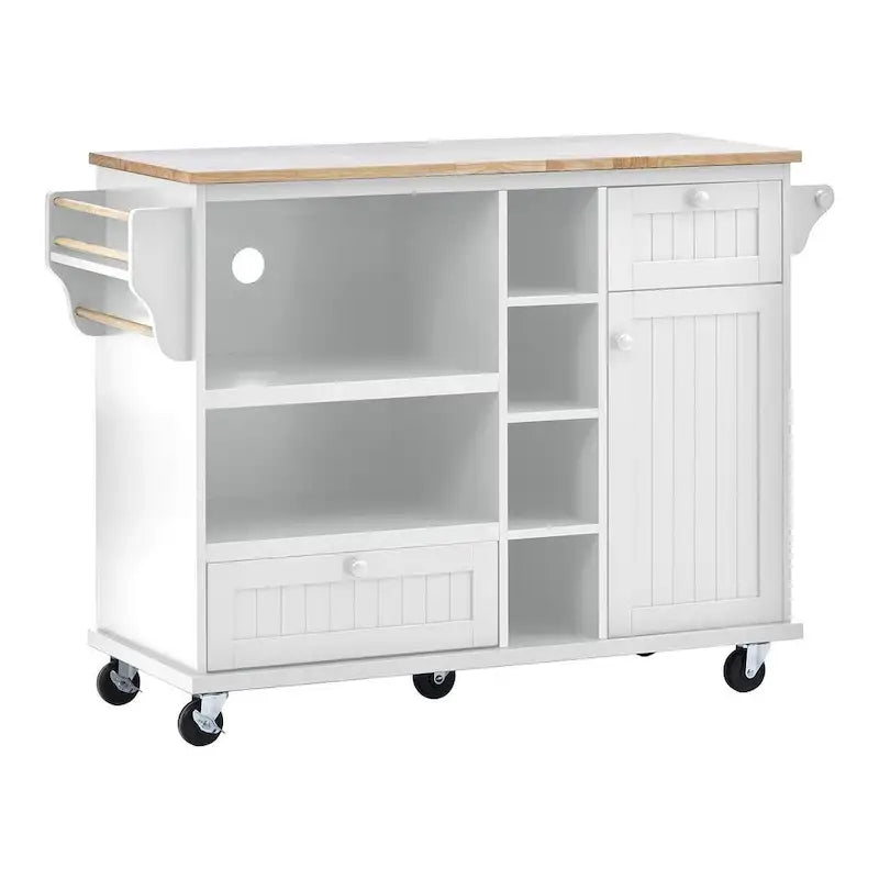 50.8" W Solid Wood Countertop Kitchen Island with Storage and Two Locking Wheels