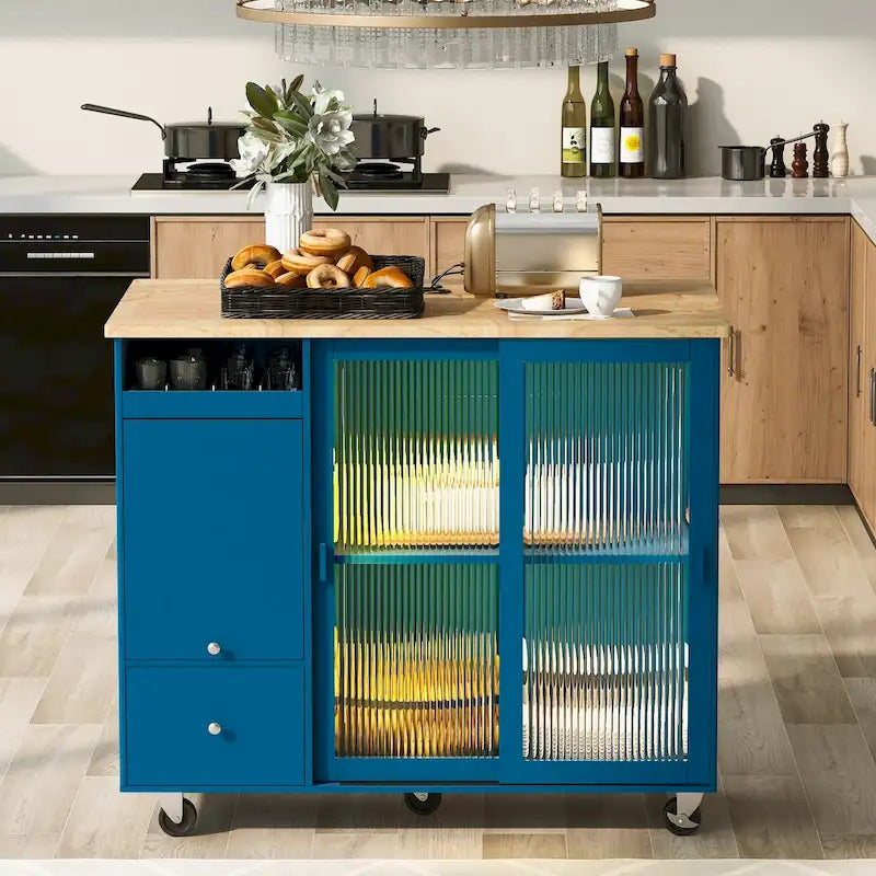 Rolling Kitchen Cart with Sliding Glass Doors, Drop Leaf, Flip Cabinet Door, and 2 Drawers