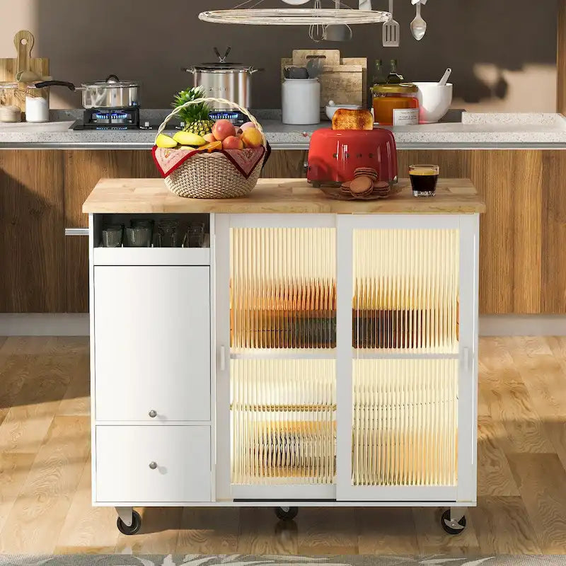 Rolling Kitchen Cart with Sliding Glass Doors, Drop Leaf, Flip Cabinet Door, and 2 Drawers