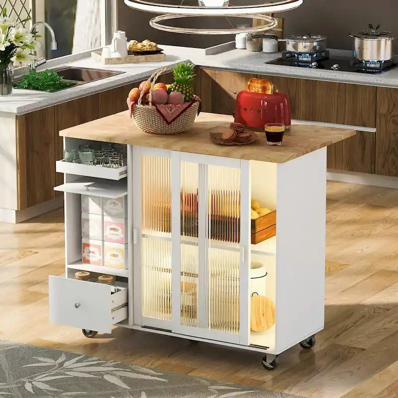 Rolling Kitchen Cart with Sliding Glass Doors, Drop Leaf, Flip Cabinet Door, and 2 Drawers