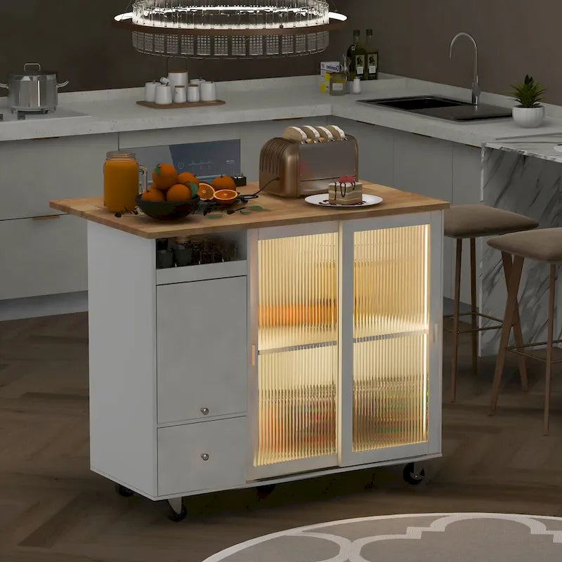 Rolling Kitchen Cart with Sliding Glass Doors, Drop Leaf, Flip Cabinet Door, and 2 Drawers