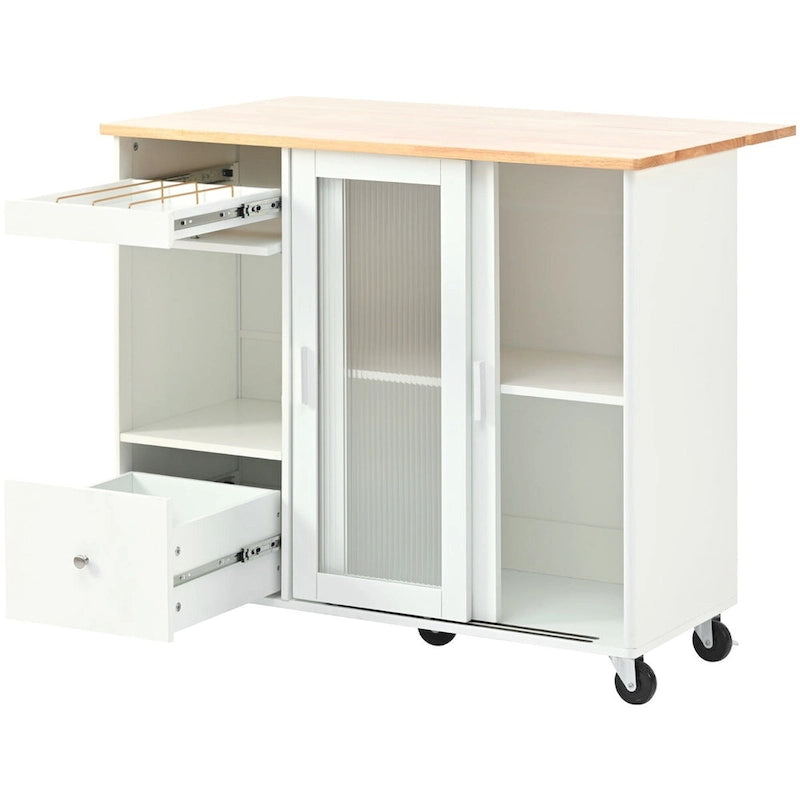 Rolling Kitchen Cart with Sliding Glass Doors, Drop Leaf, Flip Cabinet Door, and 2 Drawers