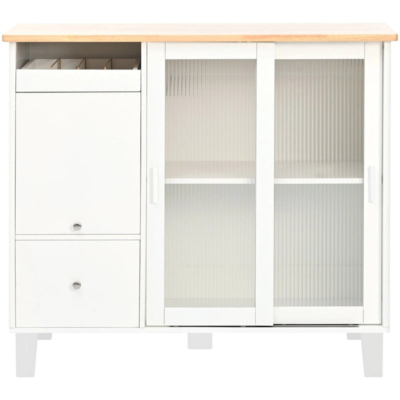 Rolling Kitchen Cart with Sliding Glass Doors, Drop Leaf, Flip Cabinet Door, and 2 Drawers