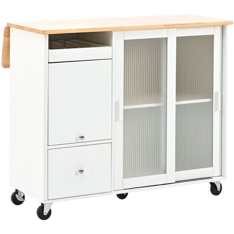 Rolling Kitchen Cart with Sliding Glass Doors, Drop Leaf, Flip Cabinet Door, and 2 Drawers