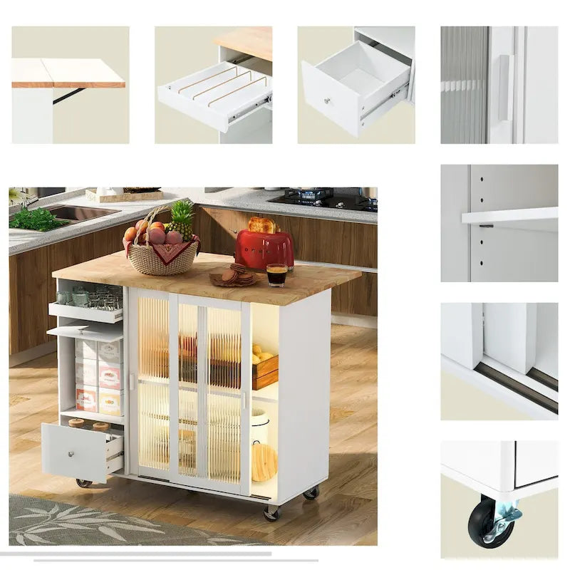 Rolling Kitchen Cart with Sliding Glass Doors, Drop Leaf, Flip Cabinet Door, and 2 Drawers