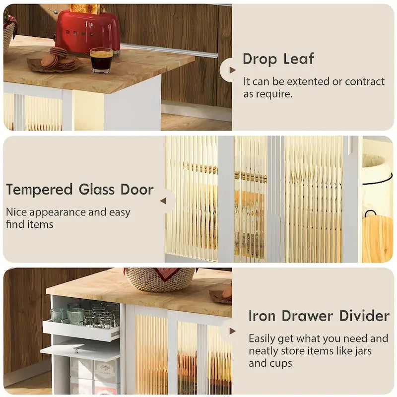 Rolling Kitchen Cart with Sliding Glass Doors, Drop Leaf, Flip Cabinet Door, and 2 Drawers