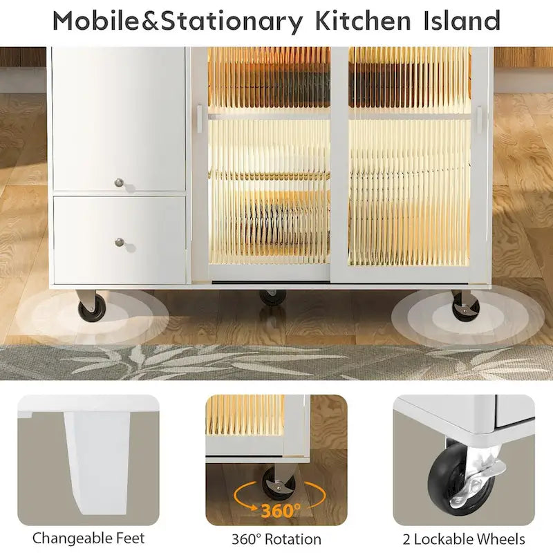 Rolling Kitchen Cart with Sliding Glass Doors, Drop Leaf, Flip Cabinet Door, and 2 Drawers