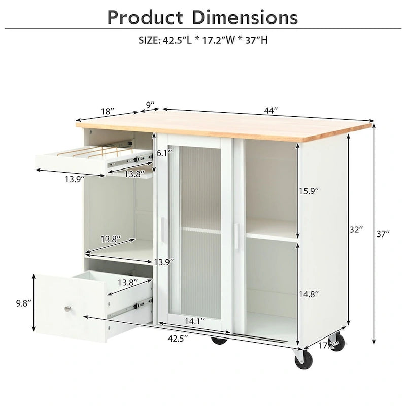 Rolling Kitchen Cart with Sliding Glass Doors, Drop Leaf, Flip Cabinet Door, and 2 Drawers