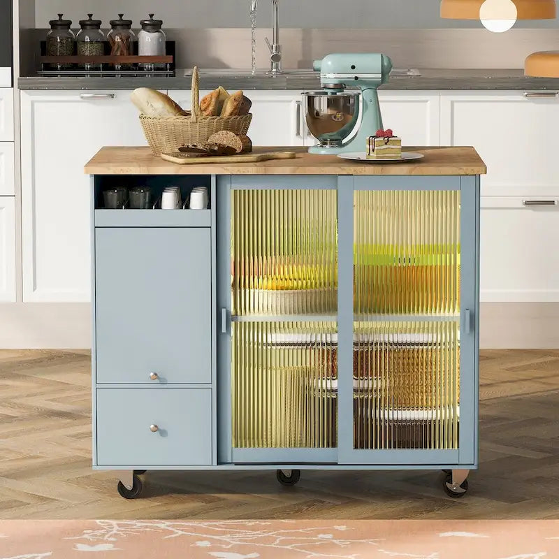 Rolling Kitchen Cart with Sliding Glass Doors, Drop Leaf, Flip Cabinet Door, and 2 Drawers