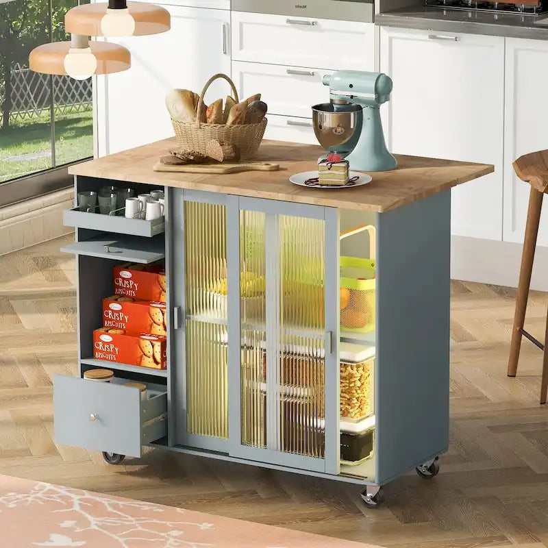 Rolling Kitchen Cart with Sliding Glass Doors, Drop Leaf, Flip Cabinet Door, and 2 Drawers