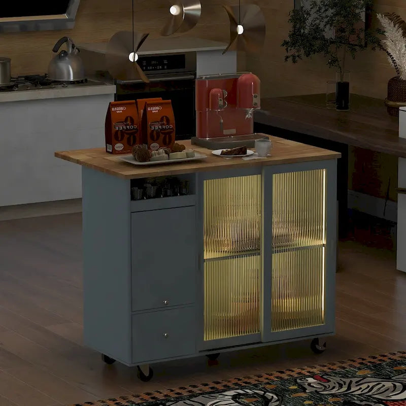 Rolling Kitchen Cart with Sliding Glass Doors, Drop Leaf, Flip Cabinet Door, and 2 Drawers
