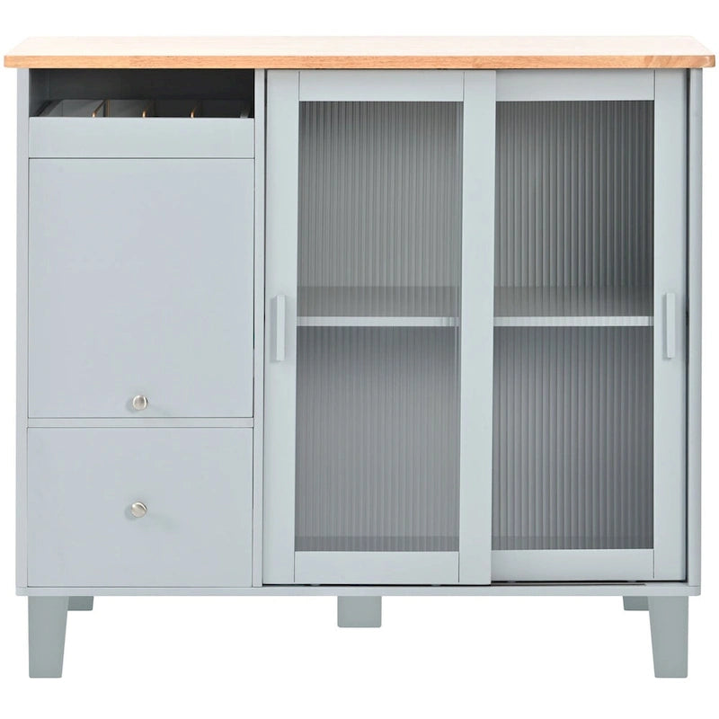 Rolling Kitchen Cart with Sliding Glass Doors, Drop Leaf, Flip Cabinet Door, and 2 Drawers