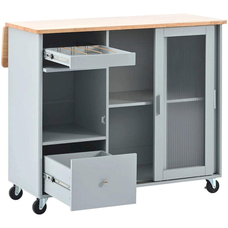 Rolling Kitchen Cart with Sliding Glass Doors, Drop Leaf, Flip Cabinet Door, and 2 Drawers