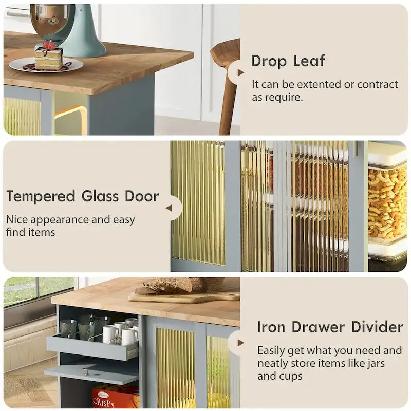 Rolling Kitchen Cart with Sliding Glass Doors, Drop Leaf, Flip Cabinet Door, and 2 Drawers