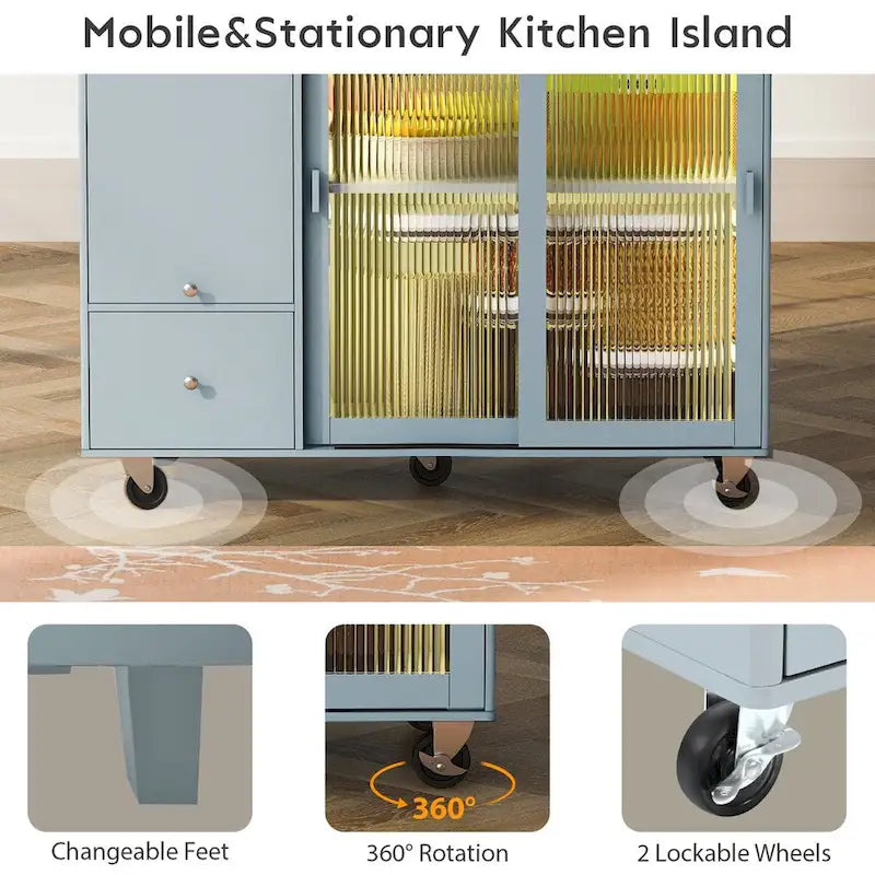 Rolling Kitchen Cart with Sliding Glass Doors, Drop Leaf, Flip Cabinet Door, and 2 Drawers