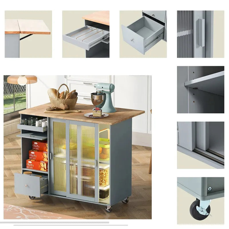 Rolling Kitchen Cart with Sliding Glass Doors, Drop Leaf, Flip Cabinet Door, and 2 Drawers