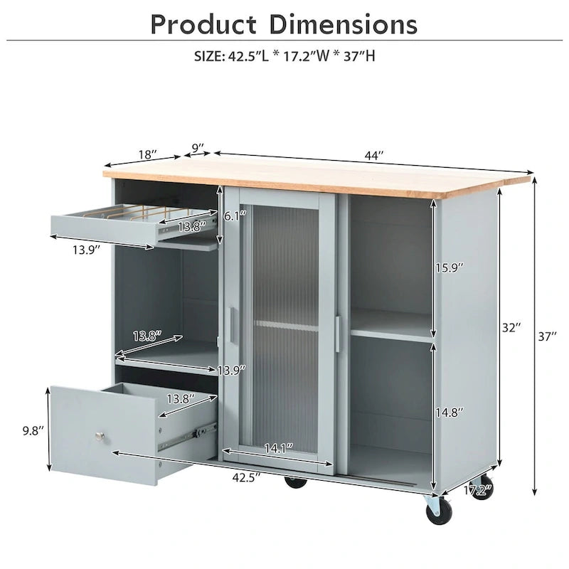 Rolling Kitchen Cart with Sliding Glass Doors, Drop Leaf, Flip Cabinet Door, and 2 Drawers