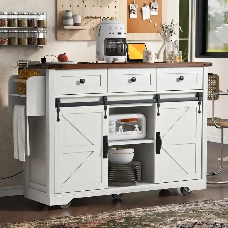 Farmhouse Kitchen Island with Power Outlet and Drop Leaf