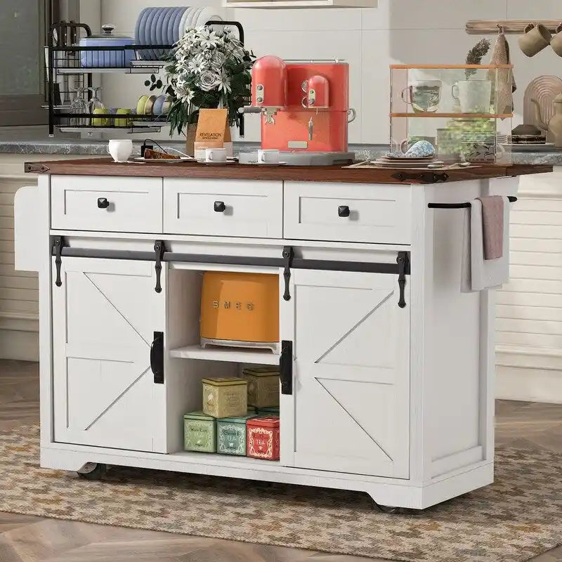 Farmhouse Kitchen Island with Power Outlet and Drop Leaf