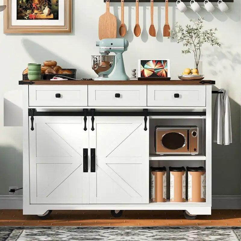 Farmhouse Kitchen Island with Power Outlet and Drop Leaf