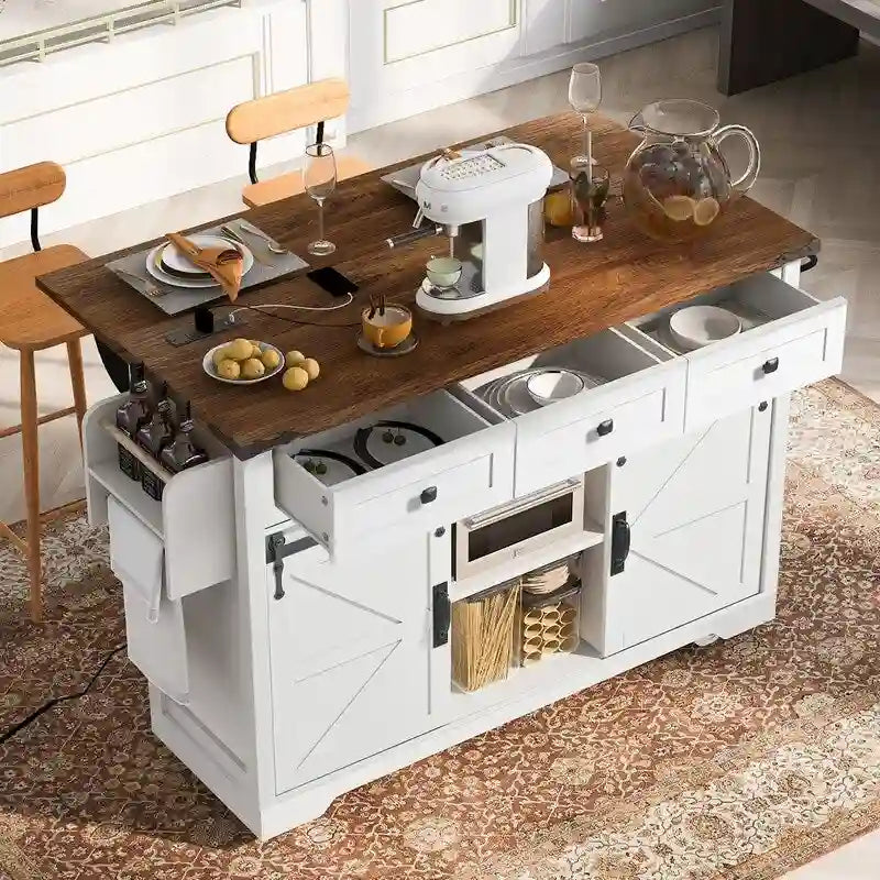 Farmhouse Kitchen Island with Power Outlet and Drop Leaf