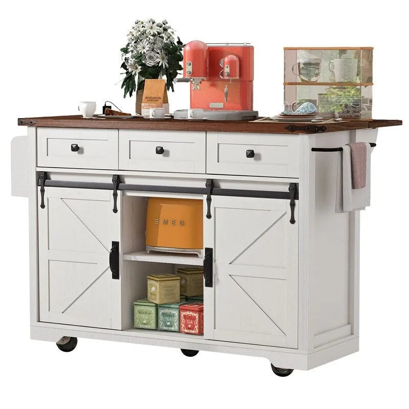 Farmhouse Kitchen Island with Power Outlet and Drop Leaf